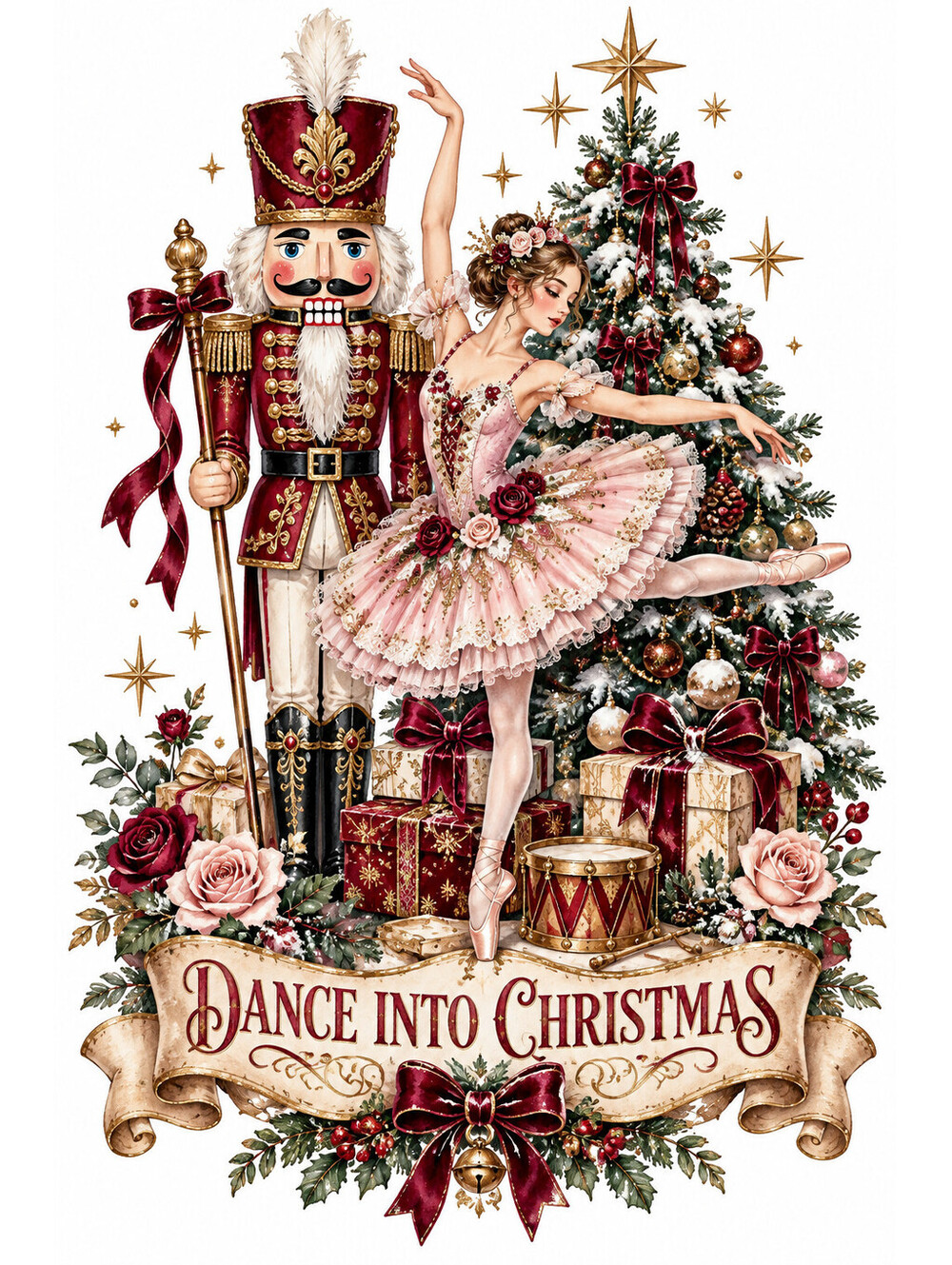 4pcs 10in Dance Into Christmas Nutcracker Ballerina DTF Transfer Ready to Press